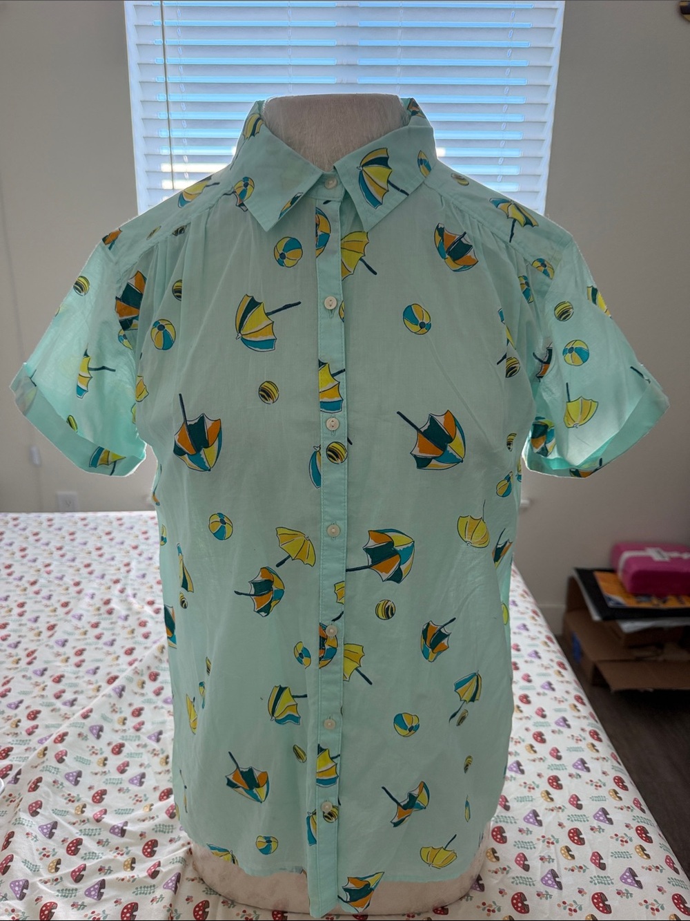 St. John's Bay Mint Short-Sleeve Button-Up with Yellow & Teal Umbrella Print